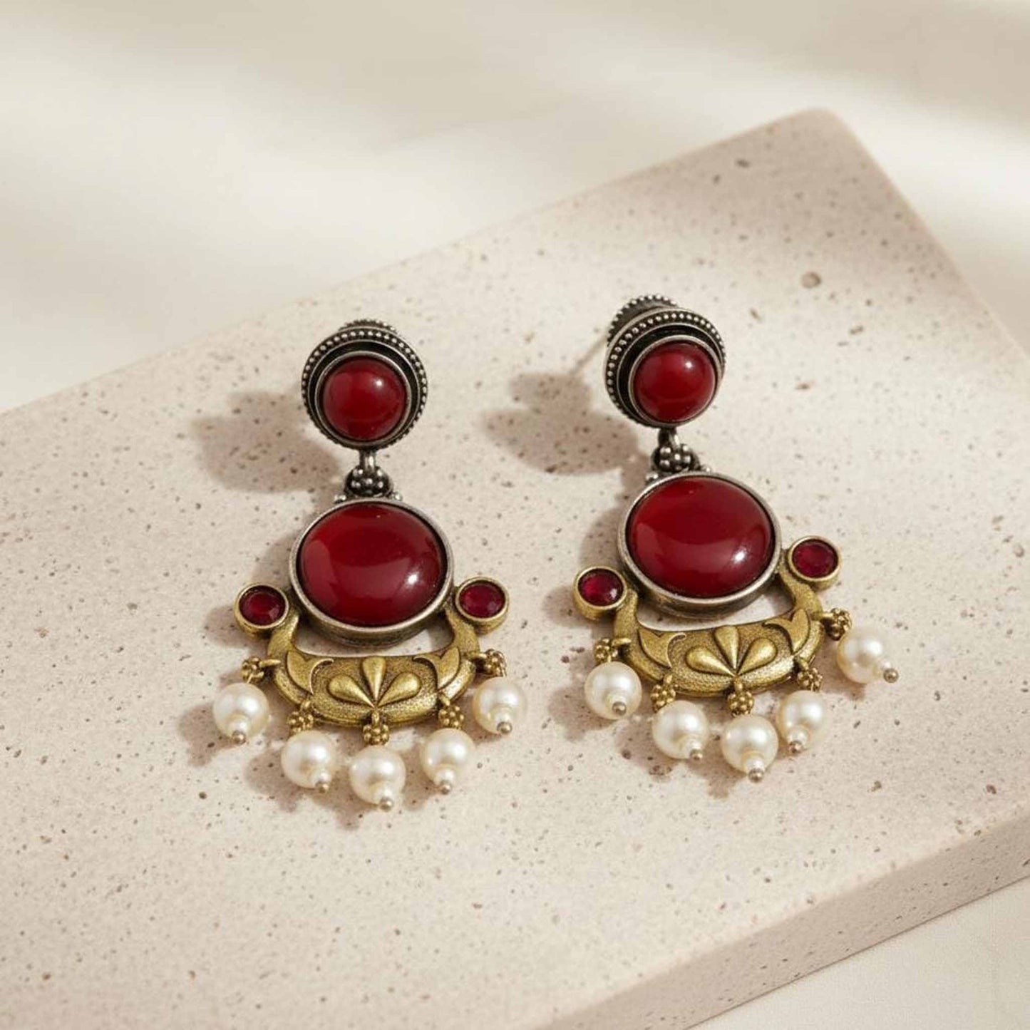 Ruby Red Stone Pearl Drop Ethnic Statement Earrings