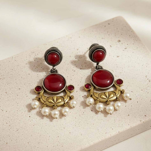Ruby Red Stone Pearl Drop Ethnic Statement Earrings