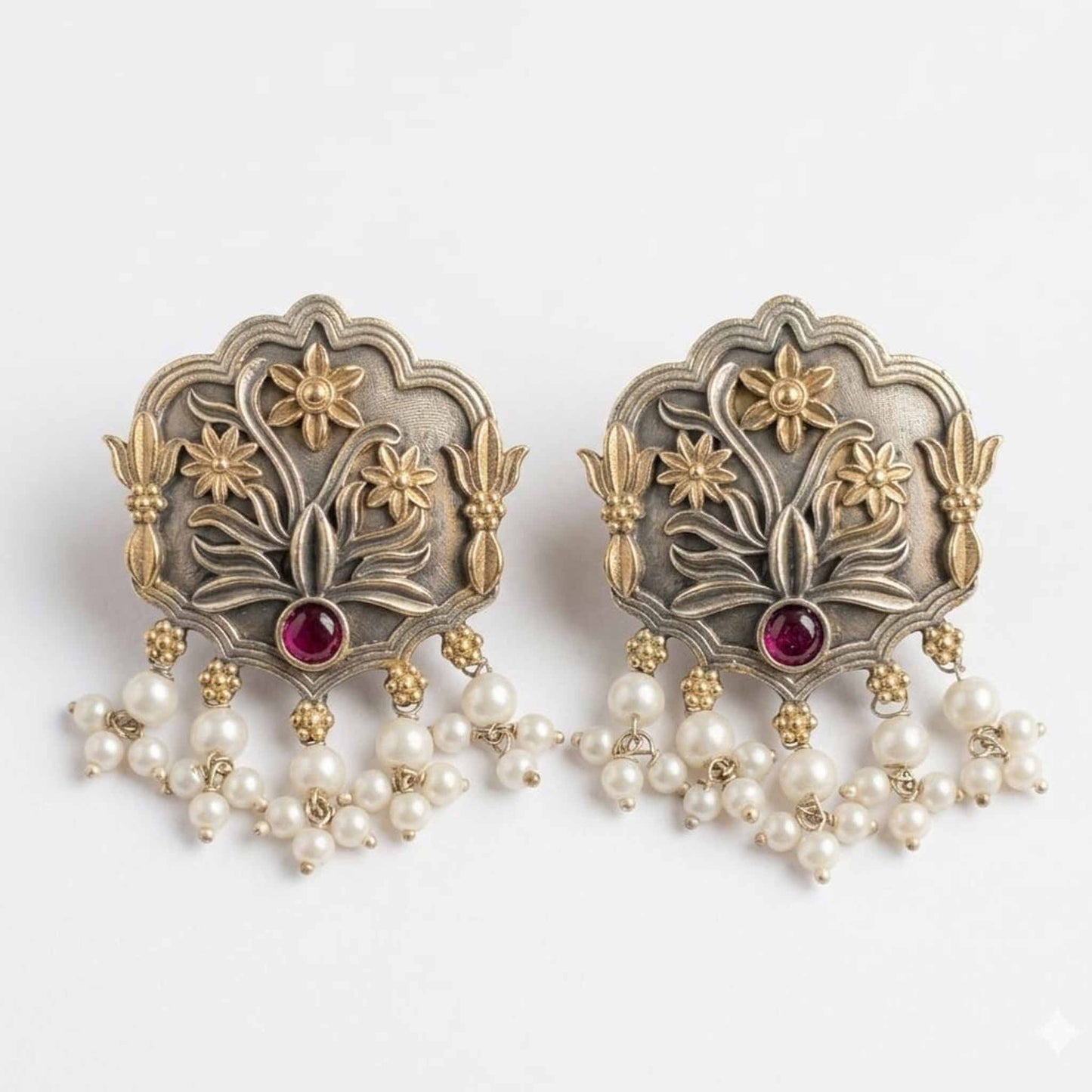 Antique Floral Motif Stud Earrings with Green Stone & Pearl Drops