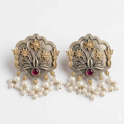 Antique Floral Motif Stud Earrings with Green Stone & Pearl Drops