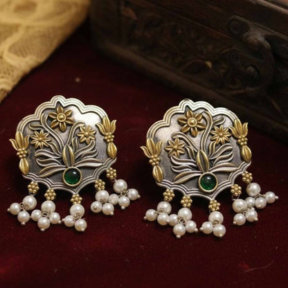 Antique Floral Motif Stud Earrings with Green Stone & Pearl Drops
