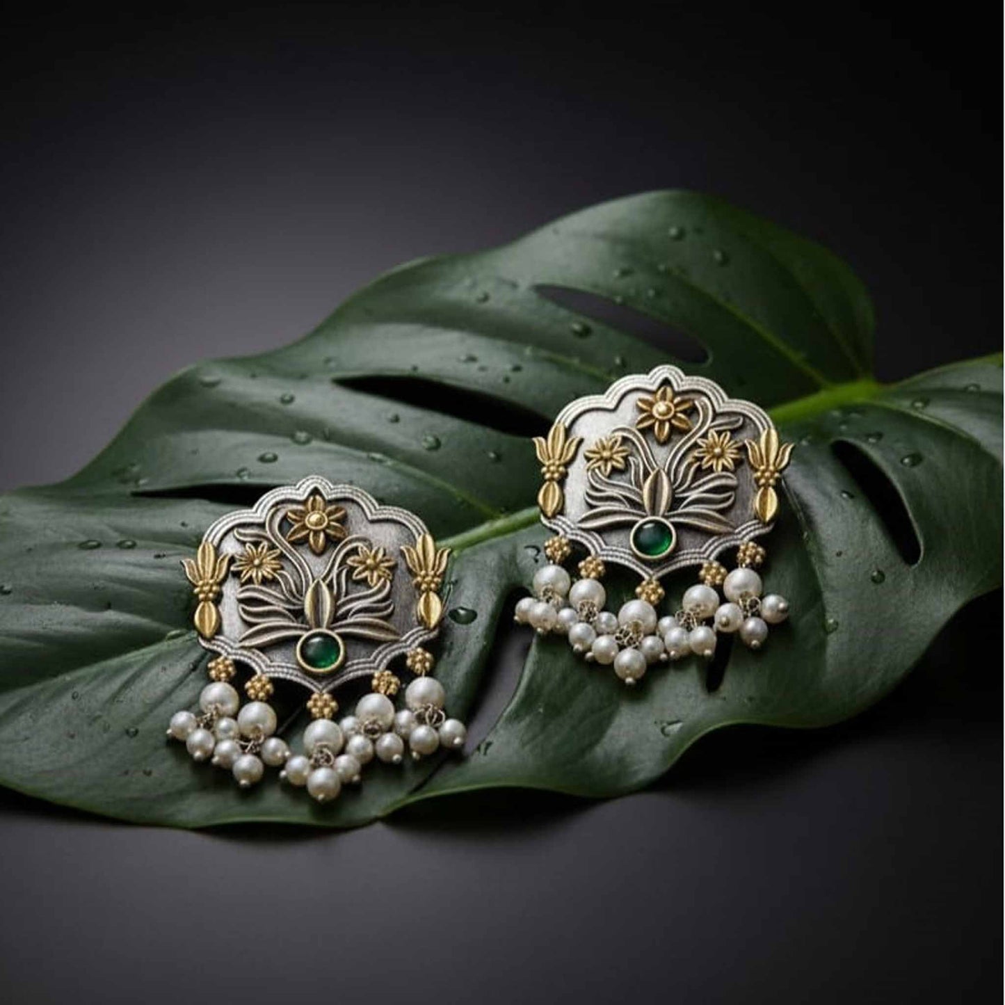 Antique Floral Motif Stud Earrings with Green Stone & Pearl Drops