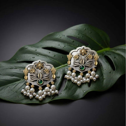 Antique Floral Motif Stud Earrings with Green Stone & Pearl Drops