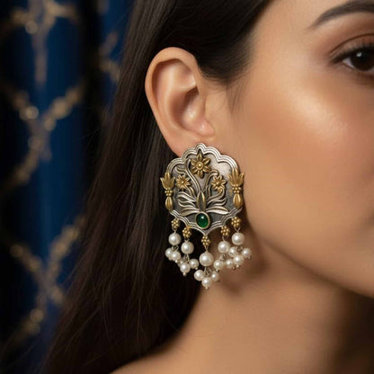 Antique Floral Motif Stud Earrings with Green Stone & Pearl Drops