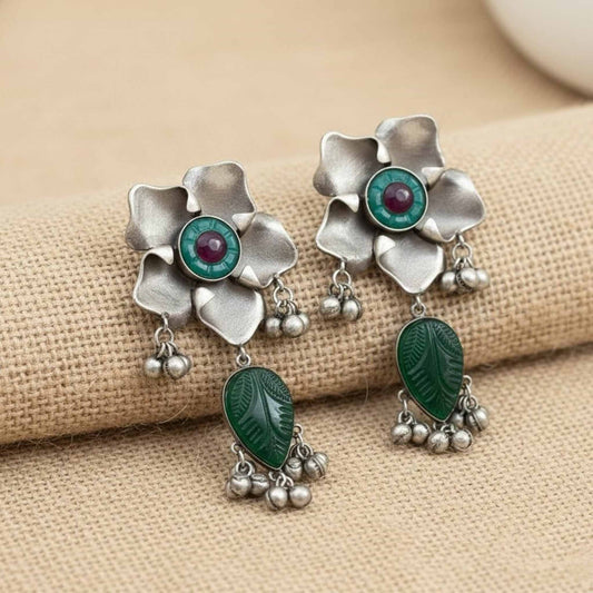 Antique Floral German Silver Leaf Drop Earrings