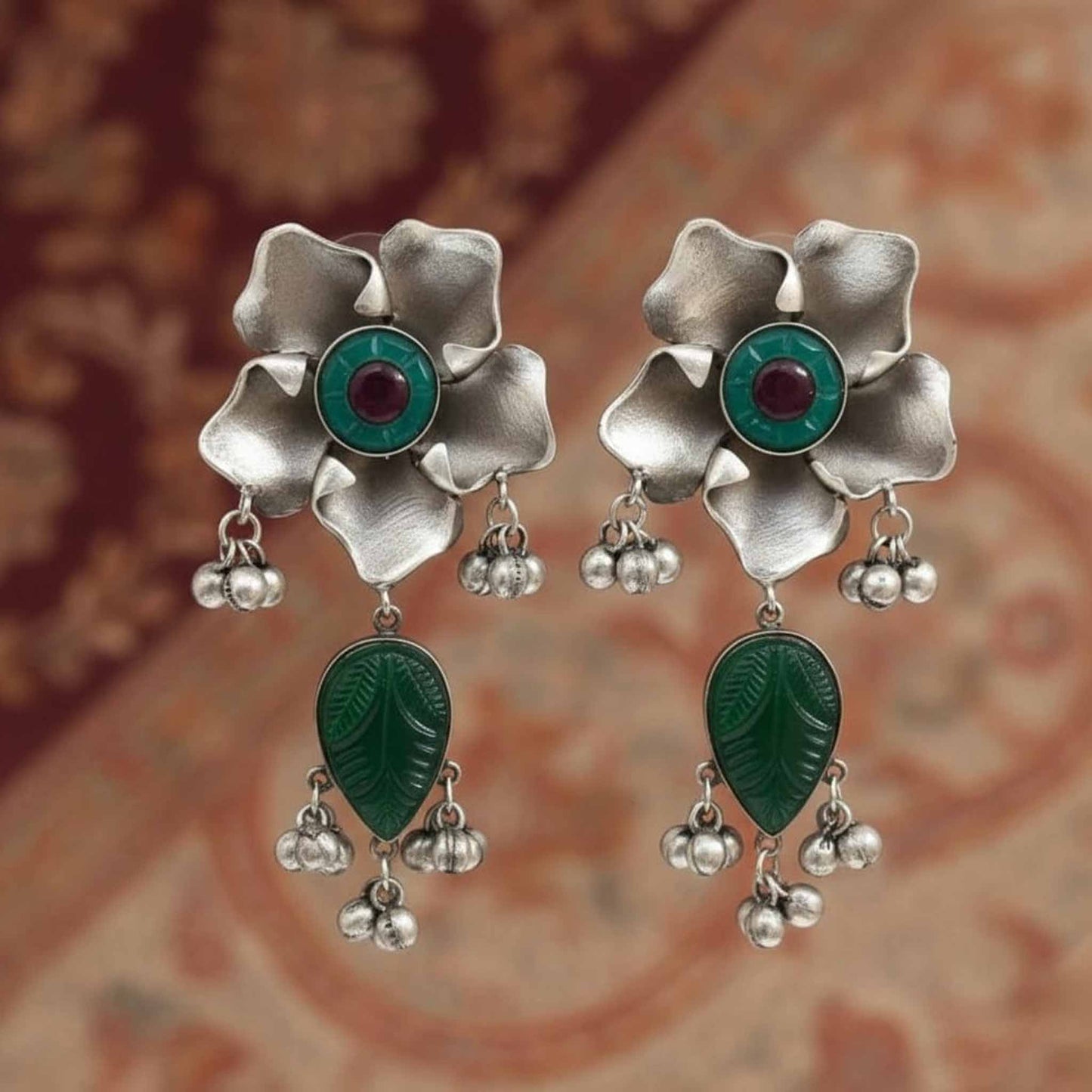Antique Floral German Silver Leaf Drop Earrings