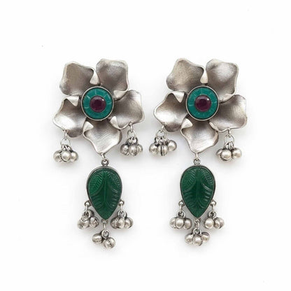 Antique Floral German Silver Leaf Drop Earrings