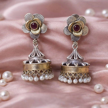 Floral Pearl Drop Antique Jhumka Earrings with Red Stone