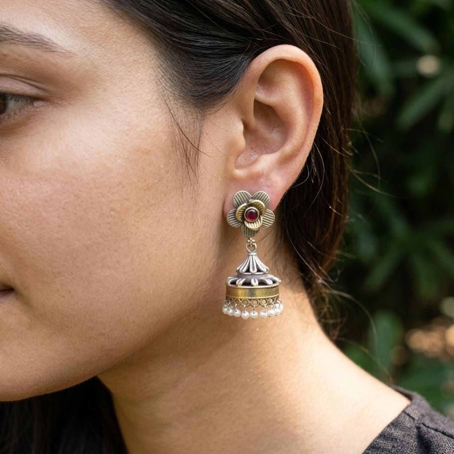Floral Pearl Drop Antique Jhumka Earrings with Red Stone