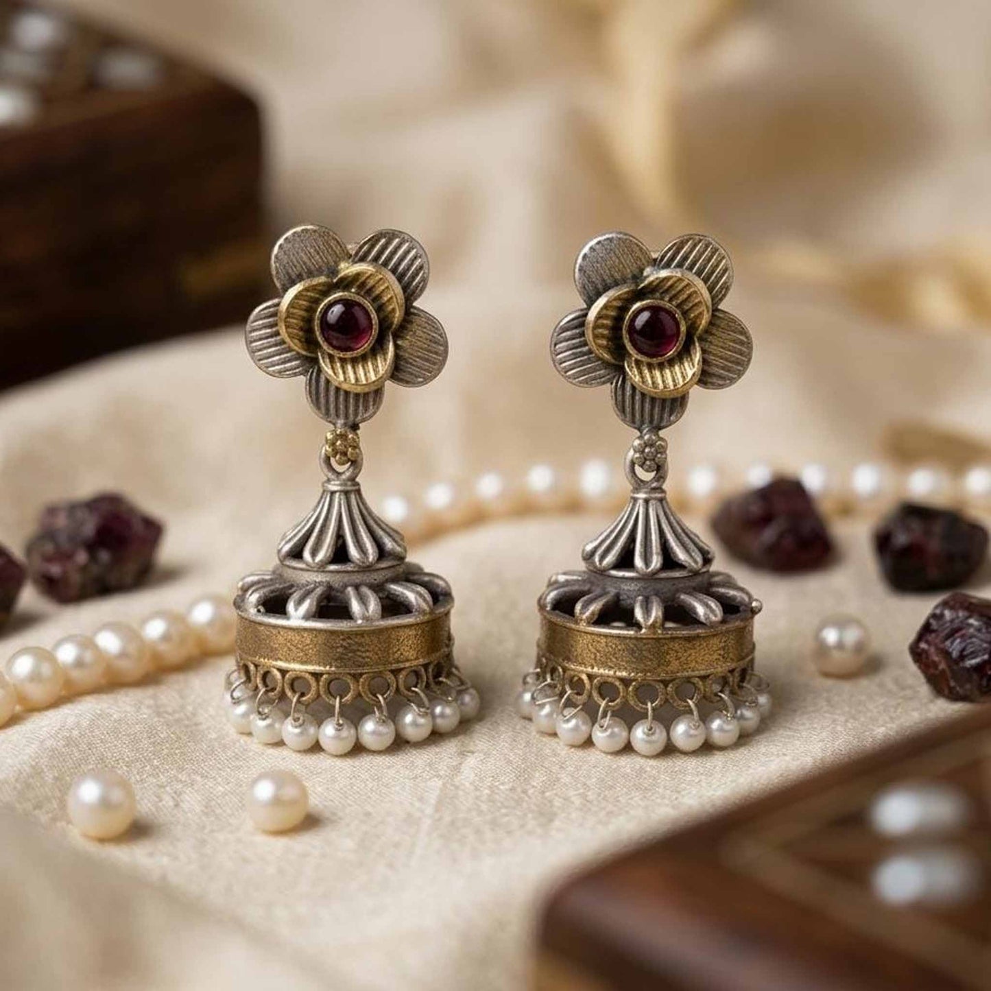 Floral Pearl Drop Antique Jhumka Earrings with Red Stone