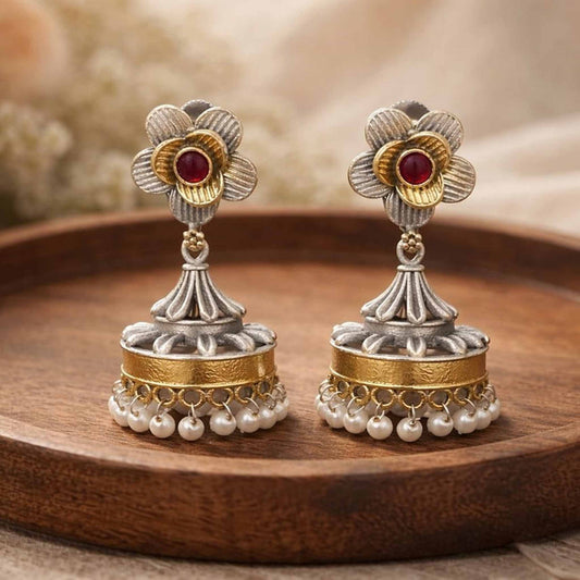 Floral Pearl Drop Antique Jhumka Earrings with Red Stone