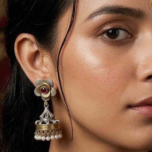 Floral Pearl Drop Antique Jhumka Earrings with Red Stone
