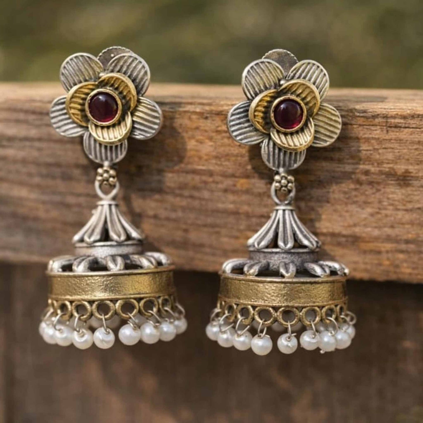 Floral Pearl Drop Antique Jhumka Earrings with Red Stone