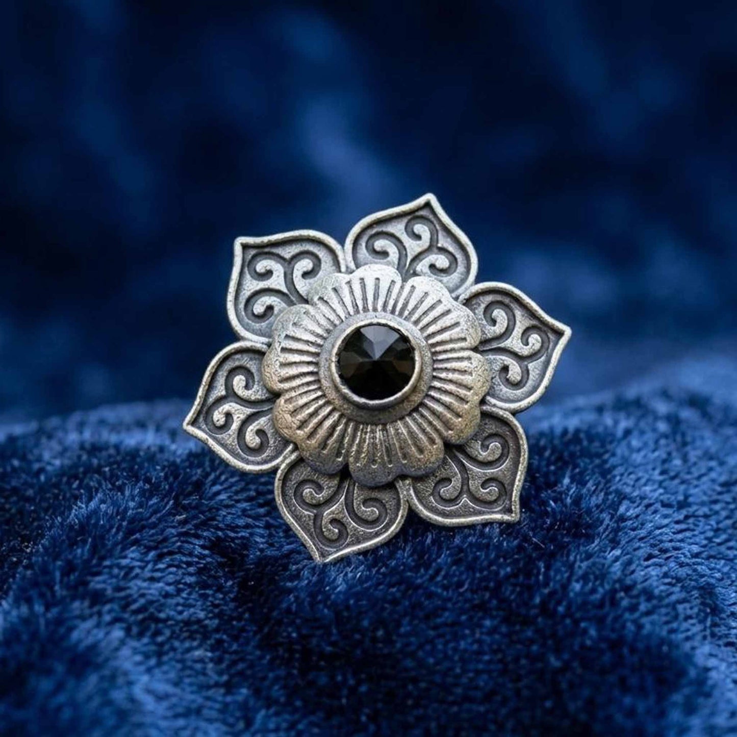 Floral Mandala German Silver Statement Ring with Black Stone