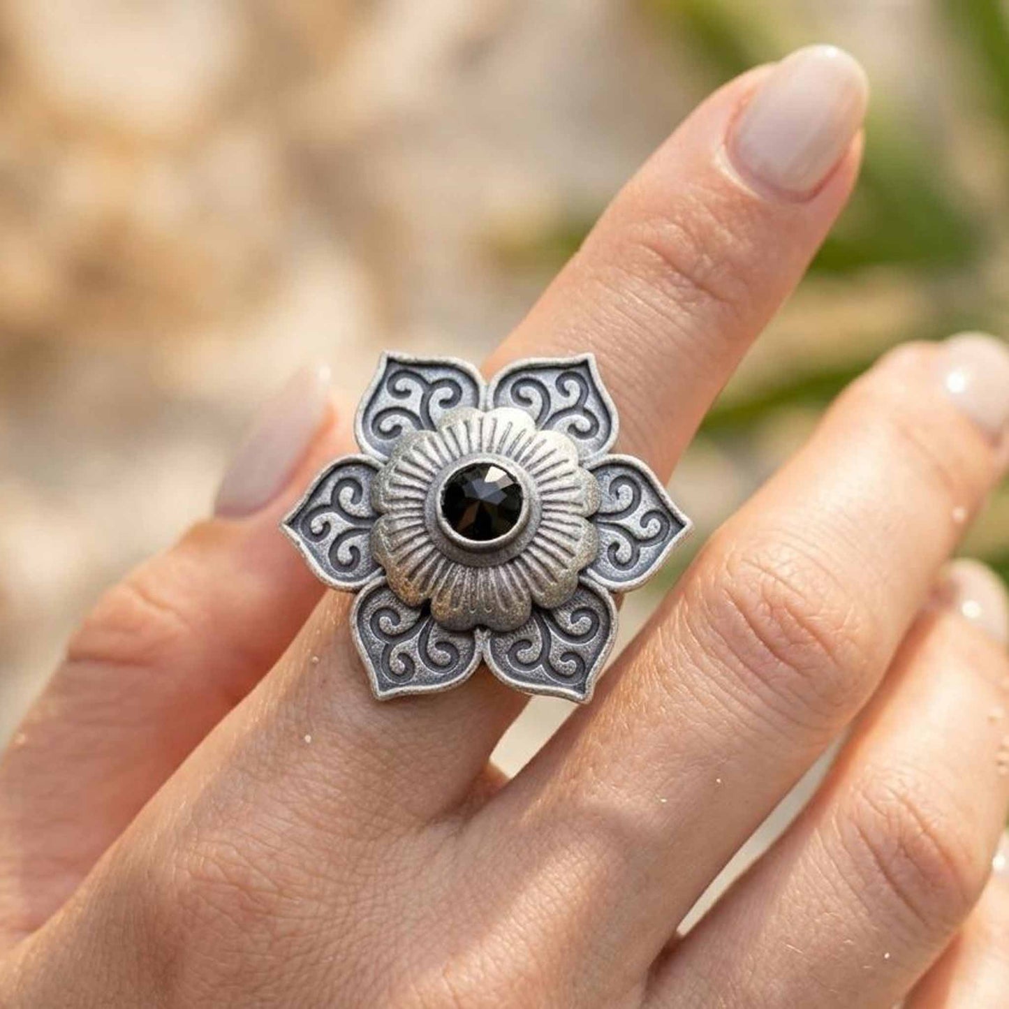 Floral Mandala German Silver Statement Ring with Black Stone