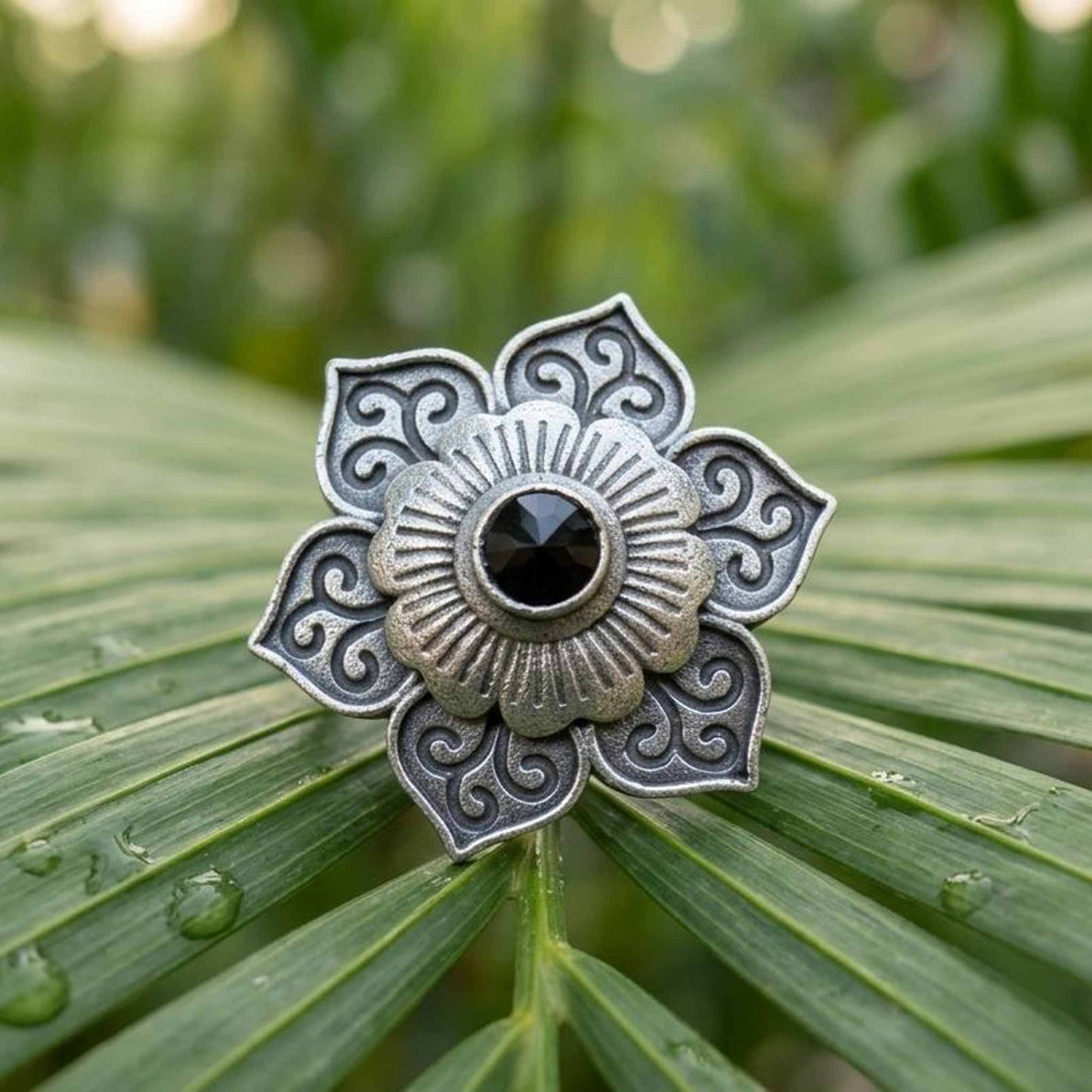 Floral Mandala German Silver Statement Ring with Black Stone