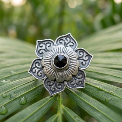 Floral Mandala German Silver Statement Ring with Black Stone