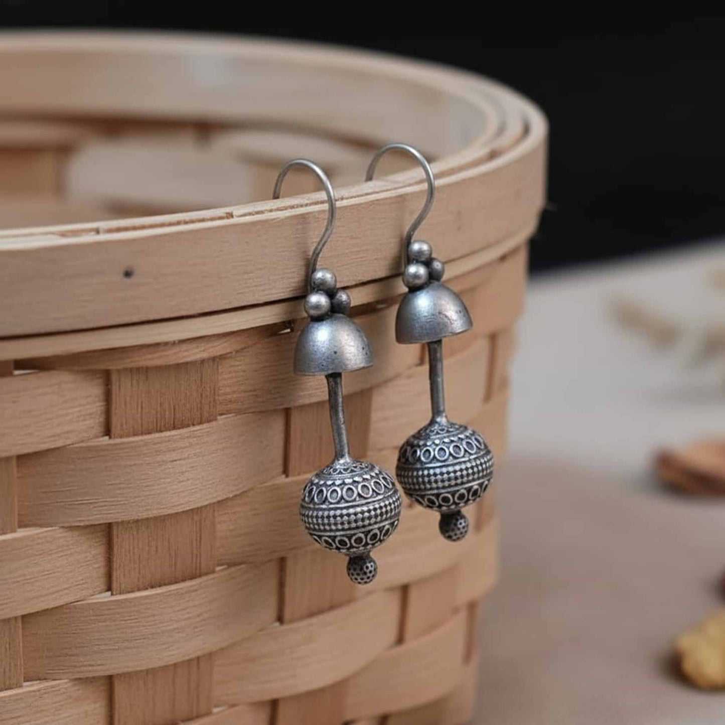 German Silver Temple Jhumka Earrings – Traditional Drop Design