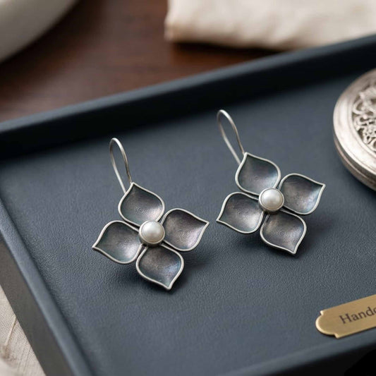German Silver Floral Pearl Center Drop Earrings