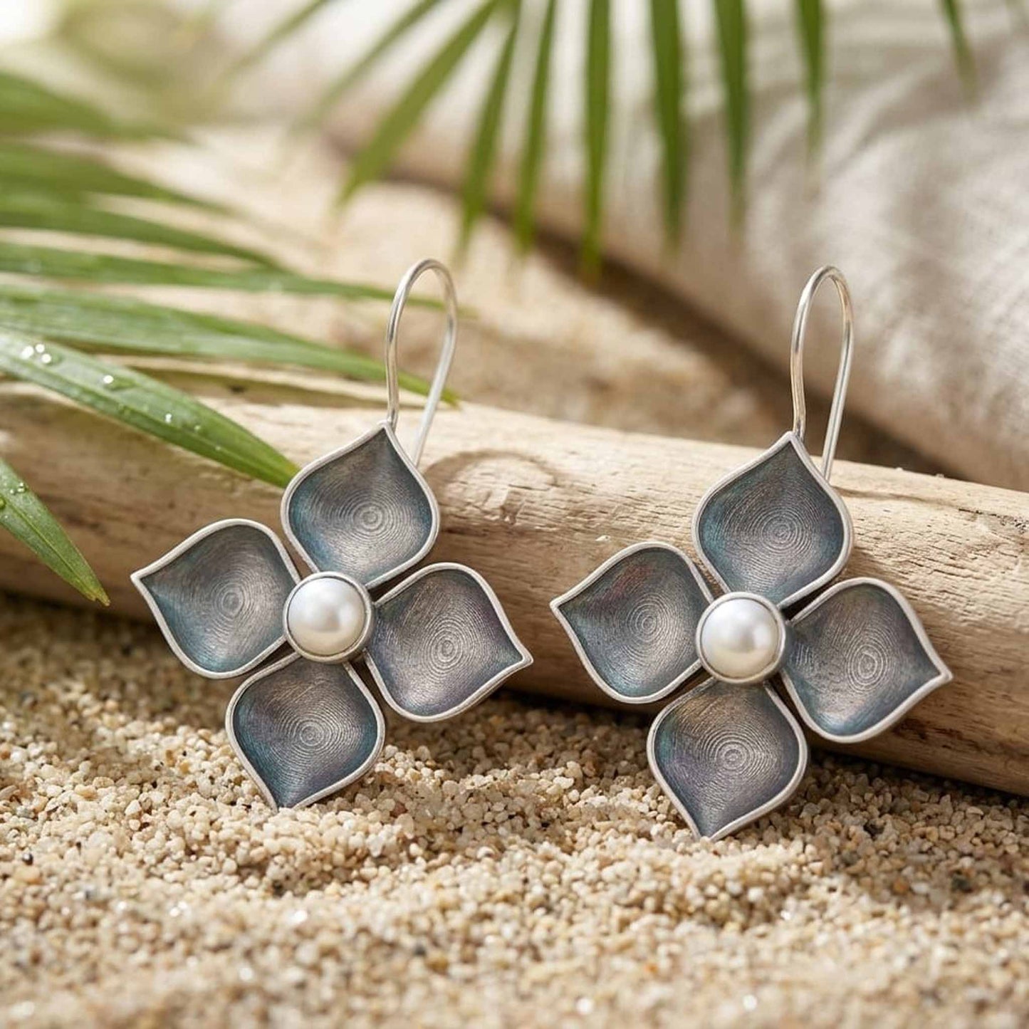 German Silver Floral Pearl Center Drop Earrings