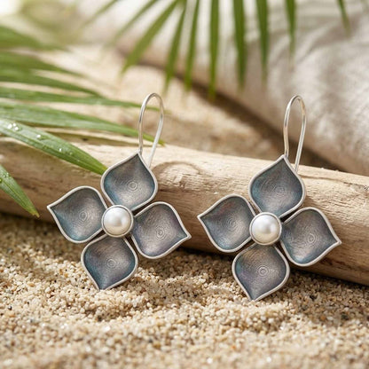 German Silver Floral Pearl Center Drop Earrings