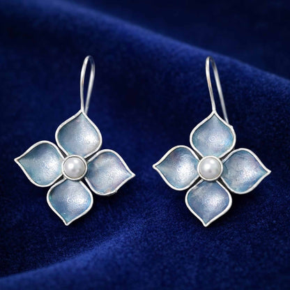German Silver Floral Pearl Center Drop Earrings