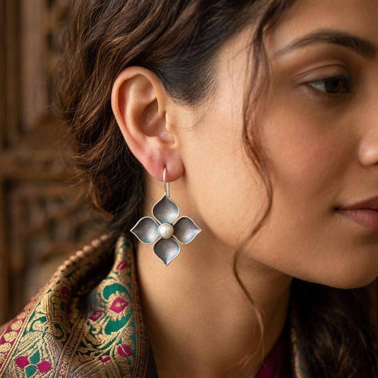 German Silver Floral Pearl Center Drop Earrings