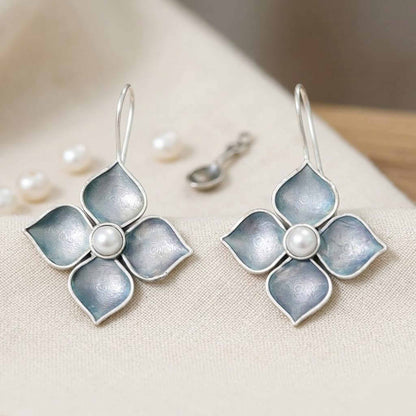 German Silver Floral Pearl Center Drop Earrings