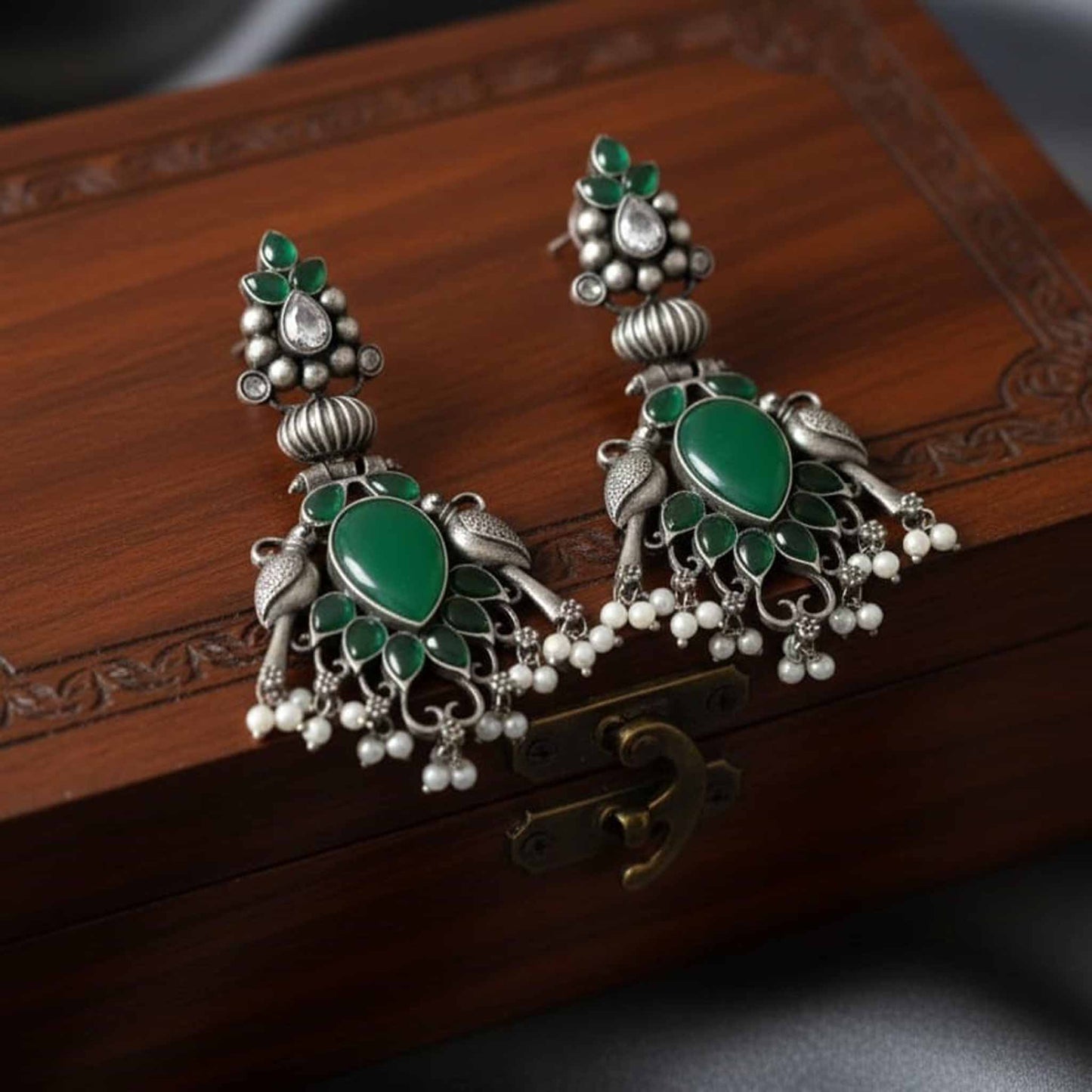 Antique Peacock Green Stone Statement Drop Earrings