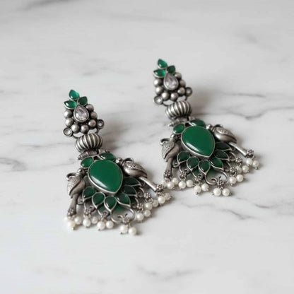 Antique Peacock Green Stone Statement Drop Earrings