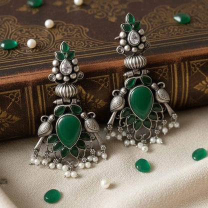 Antique Peacock Green Stone Statement Drop Earrings
