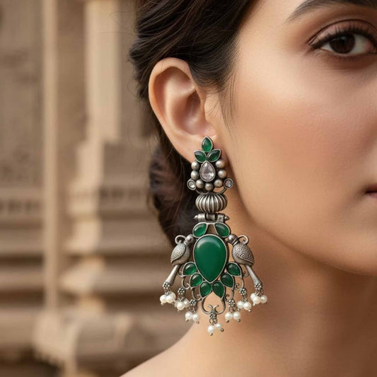 Antique Peacock Green Stone Statement Drop Earrings