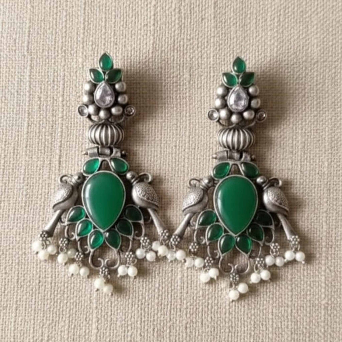 Antique Peacock Green Stone Statement Drop Earrings