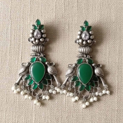 Antique Peacock Green Stone Statement Drop Earrings
