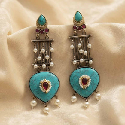 Turquoise Stone Statement Drop Earrings with Pearl Dangling