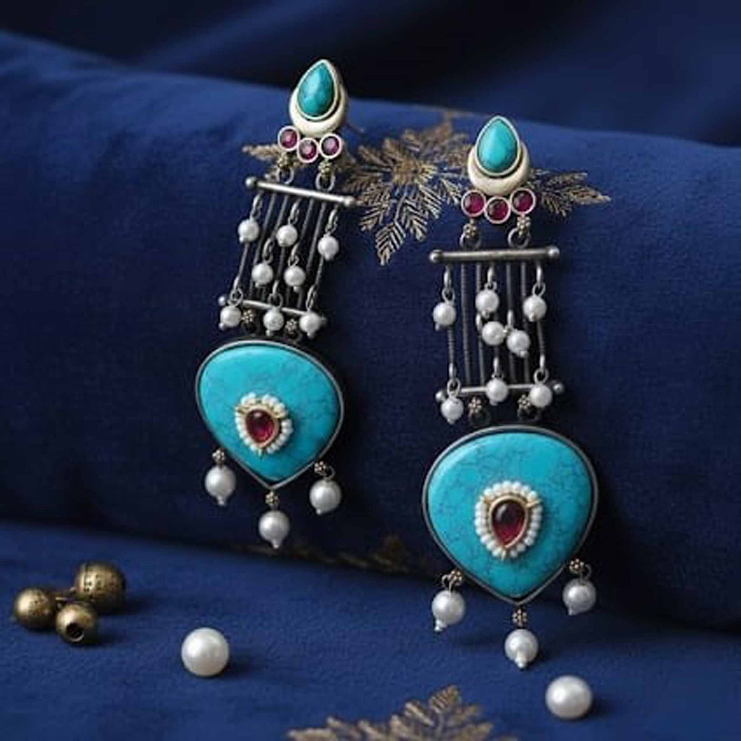 Turquoise Stone Statement Drop Earrings with Pearl Dangling