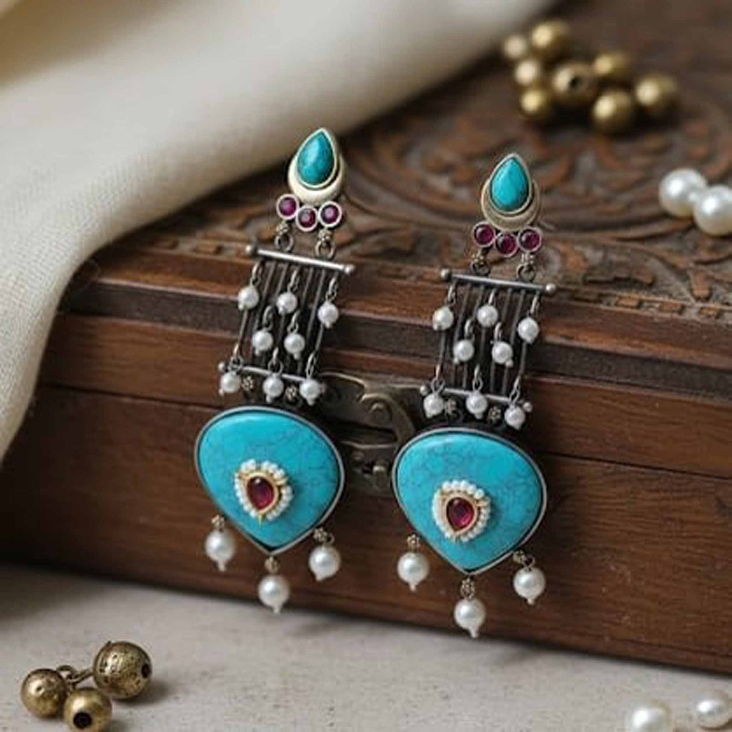 Turquoise Stone Statement Drop Earrings with Pearl Dangling