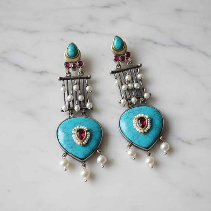 Turquoise Stone Statement Drop Earrings with Pearl Dangling