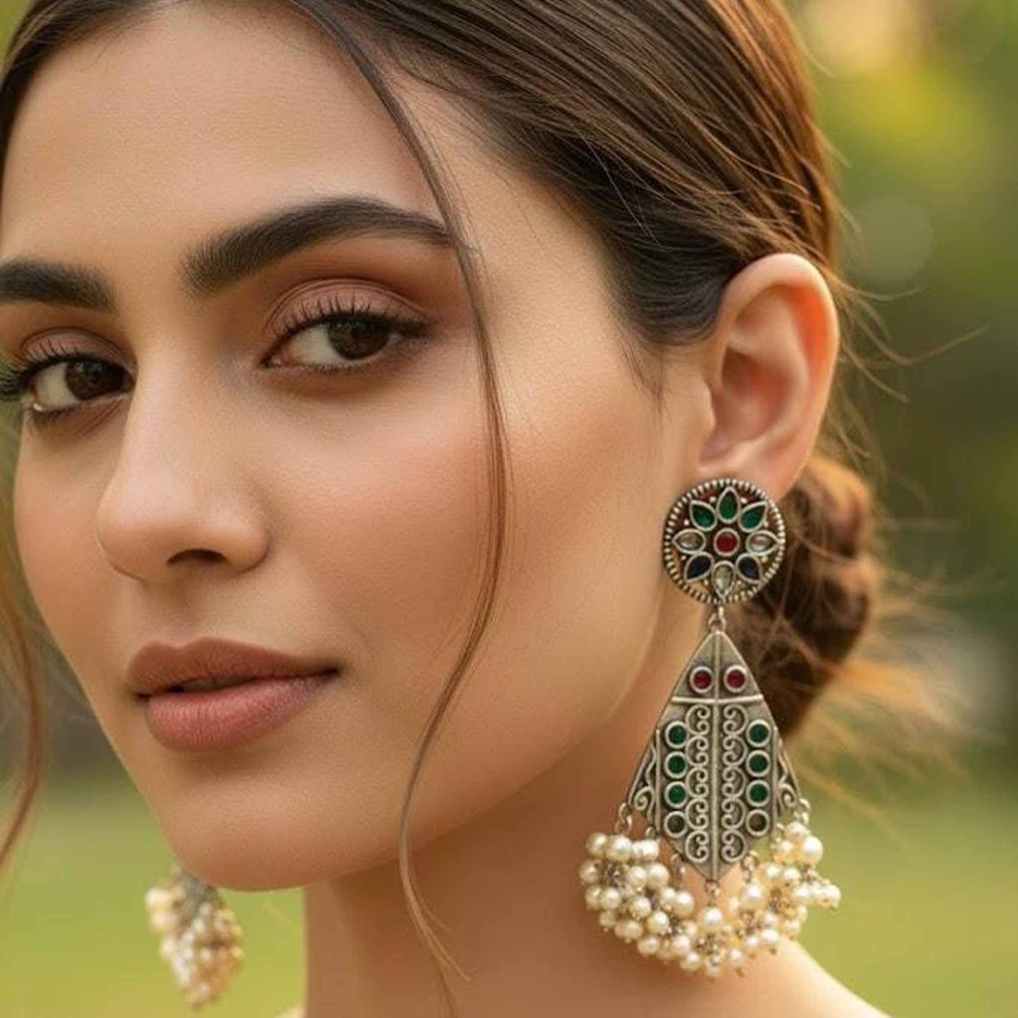 German Silver Multicolor Pearl Drop Statement Earrings