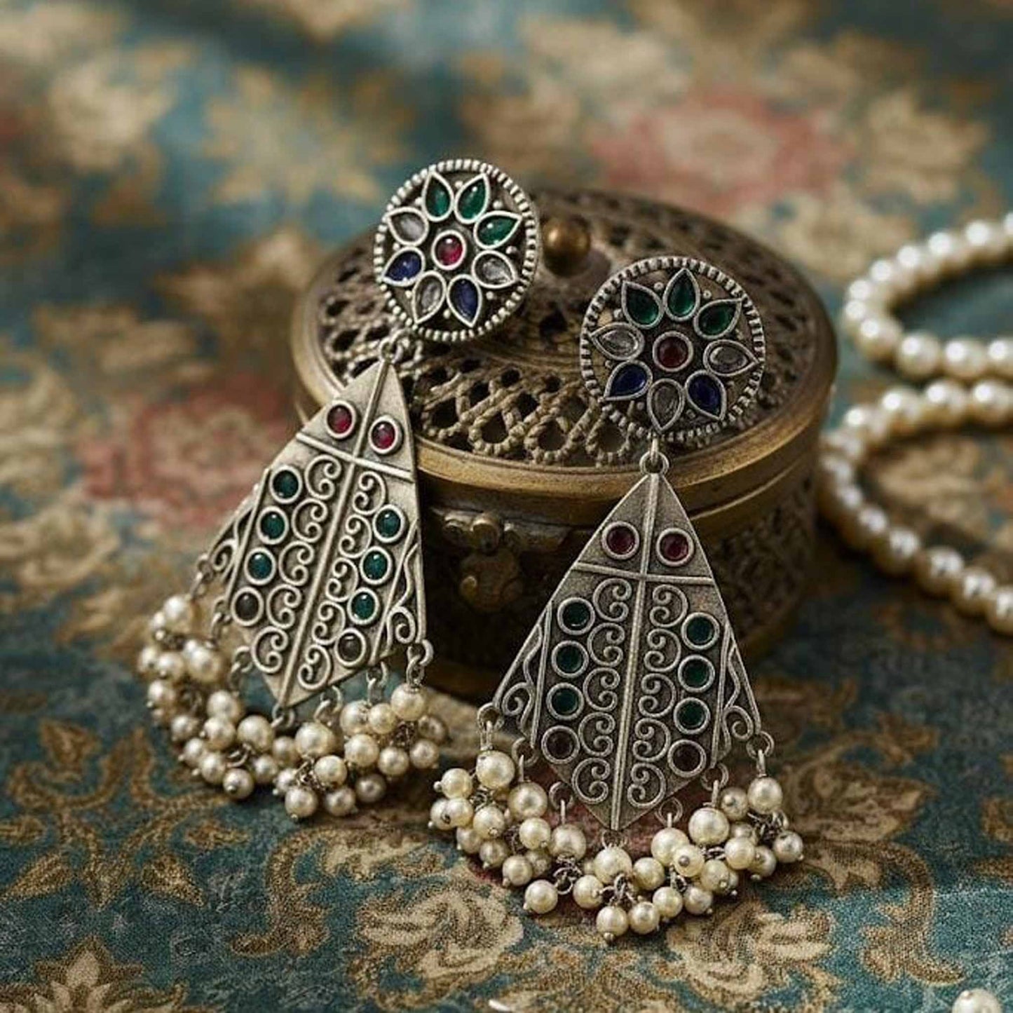 German Silver Multicolor Pearl Drop Statement Earrings