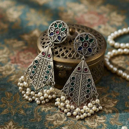German Silver Multicolor Pearl Drop Statement Earrings