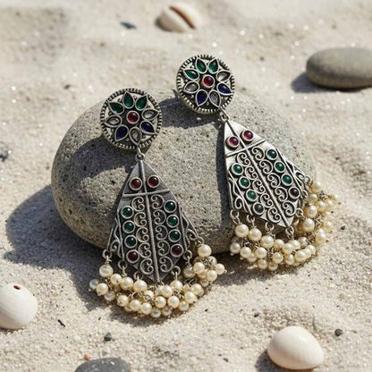 German Silver Multicolor Pearl Drop Statement Earrings