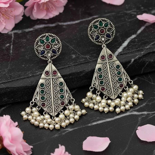 German Silver Multicolor Pearl Drop Statement Earrings