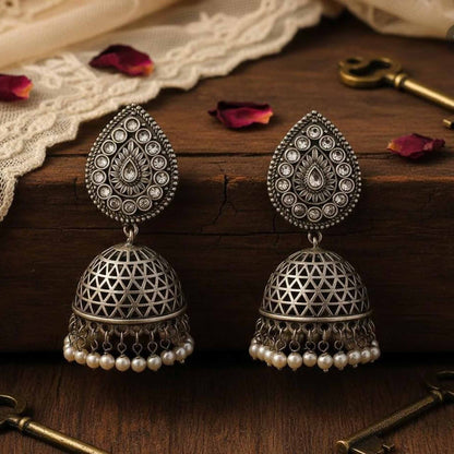 German Silver Bund Jhumka Earrings with Pearl Layers
