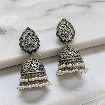 German Silver Bund Jhumka Earrings with Pearl Layers