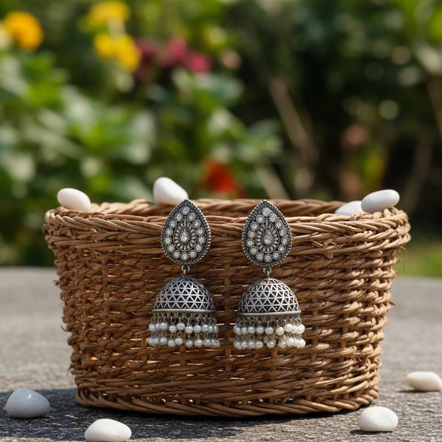 German Silver Bund Jhumka Earrings with Pearl Layers