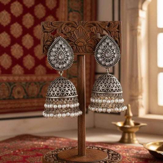 German Silver Bund Jhumka Earrings with Pearl Layers