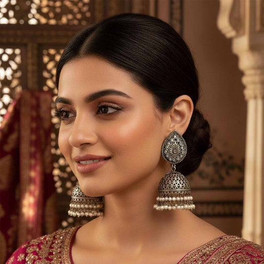 German Silver Bund Jhumka Earrings with Pearl Layers