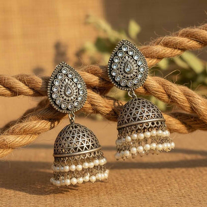 German Silver Bund Jhumka Earrings with Pearl Layers