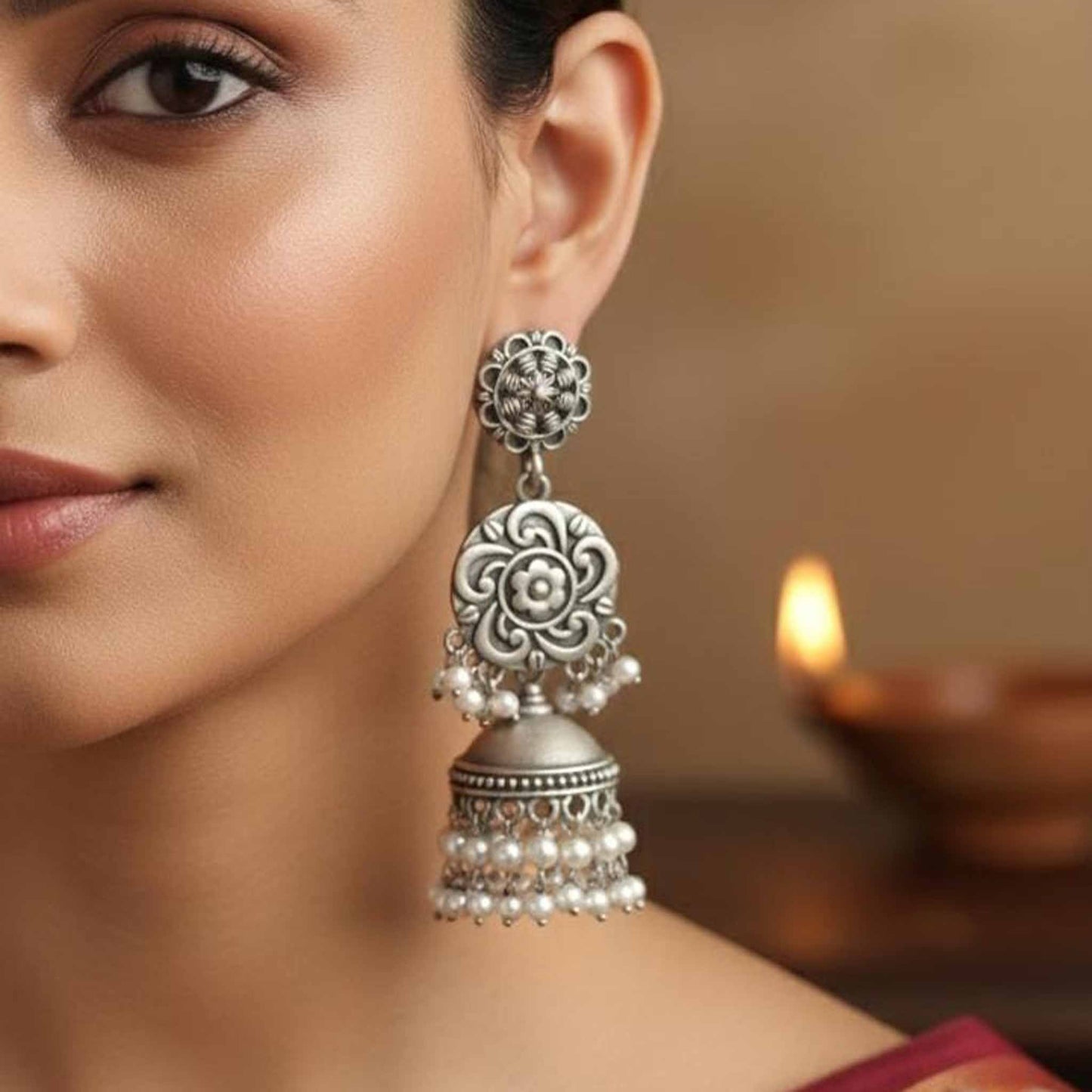 Floral Mandala Pearl Jhumka Earrings for Women